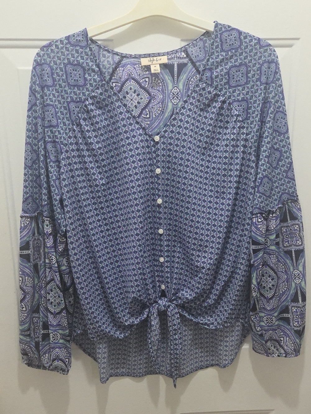 Style & Co. Blue Printed Button-Front Tie Hem Blouse XL